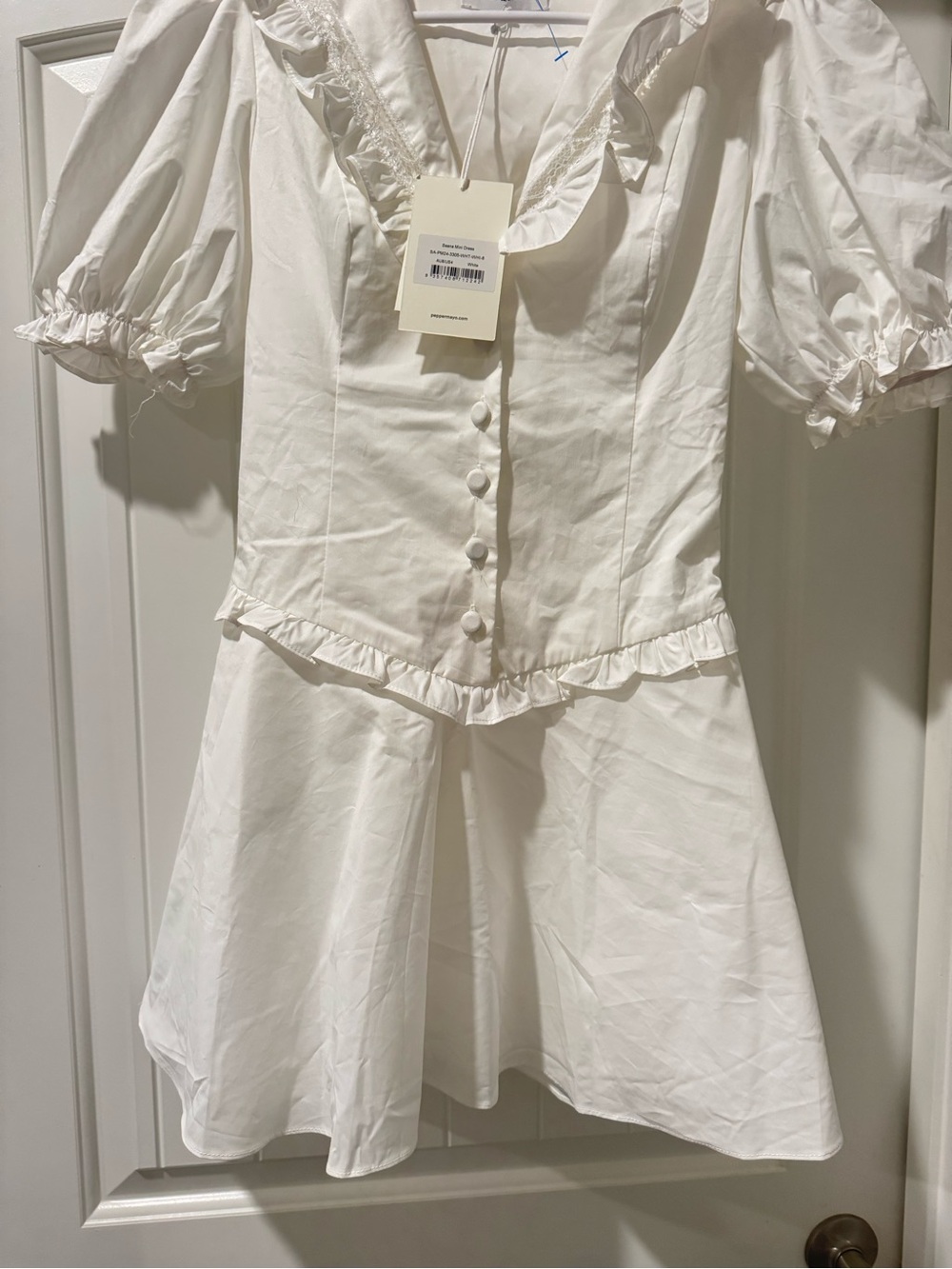 NWT PepperMayo Seana Mini Dress White Ruffle Puff Sleeve Size US 4 #80 - Picture 2 of 6